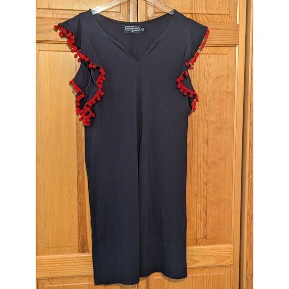 Duffield Lane Pom Pom Shift Dress Size Small Navy Blue Red Vacation Resort Wear - Picture 2 of 6